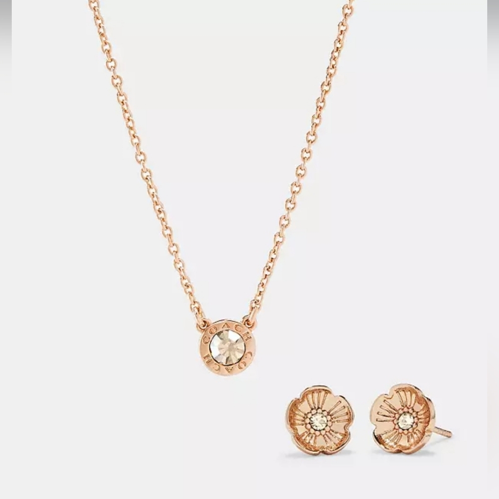 Coach rose gold earrings and necklace set